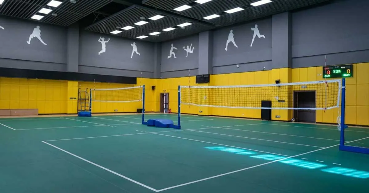 Kapalı salonda yan yana iki voleybol sahası, file sistemleri kurulu